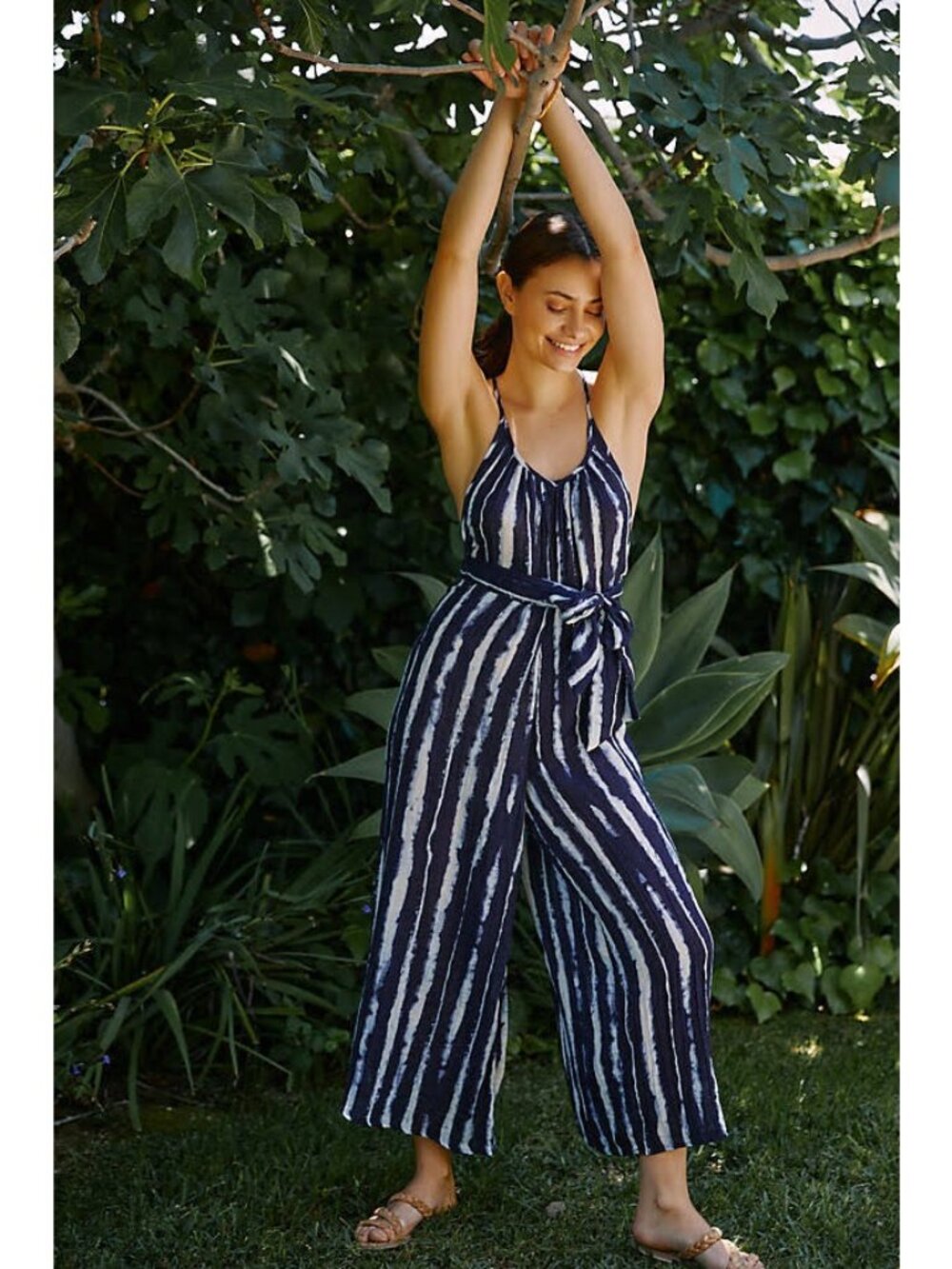 Anthropologie Navy Tie-Dye Striped Jumpsuit Tie Detail